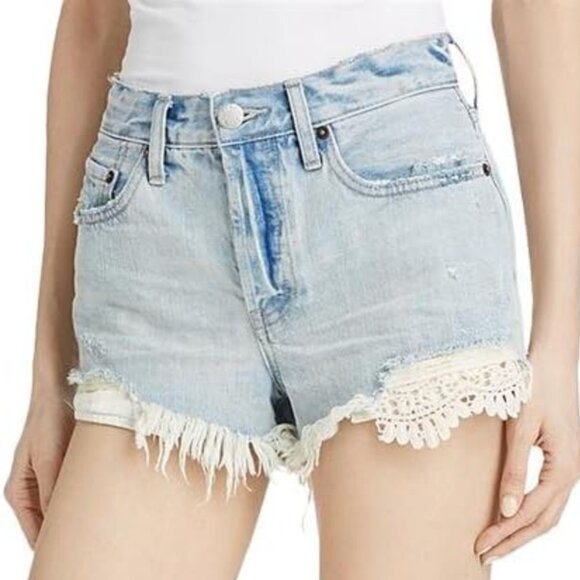 Free People We The Free Daisy Chain Denim Distressed Lace Cutoff Shorts - Light - Picture 2 of 10
